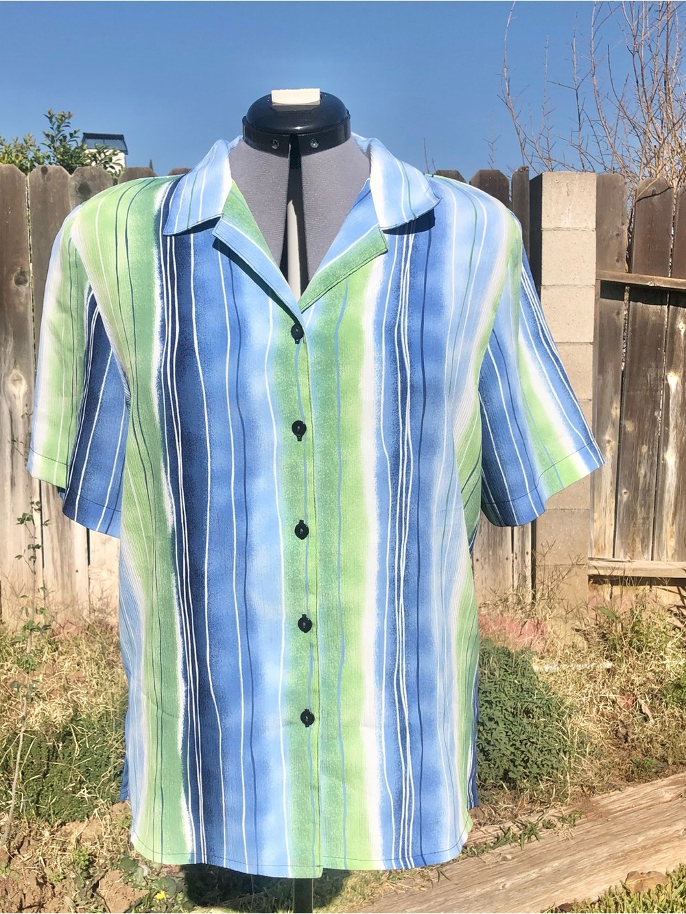 American Vintage Women's Button-Down Shirt Blue & Green Stripes Shoulder Pads